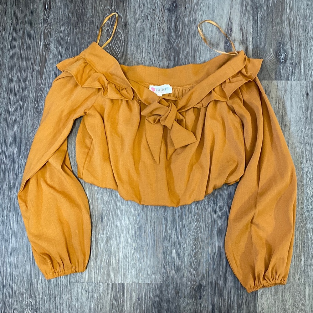 L’ATISTE beautiful burnt orange long sleeve Bardot off shoulder top, med